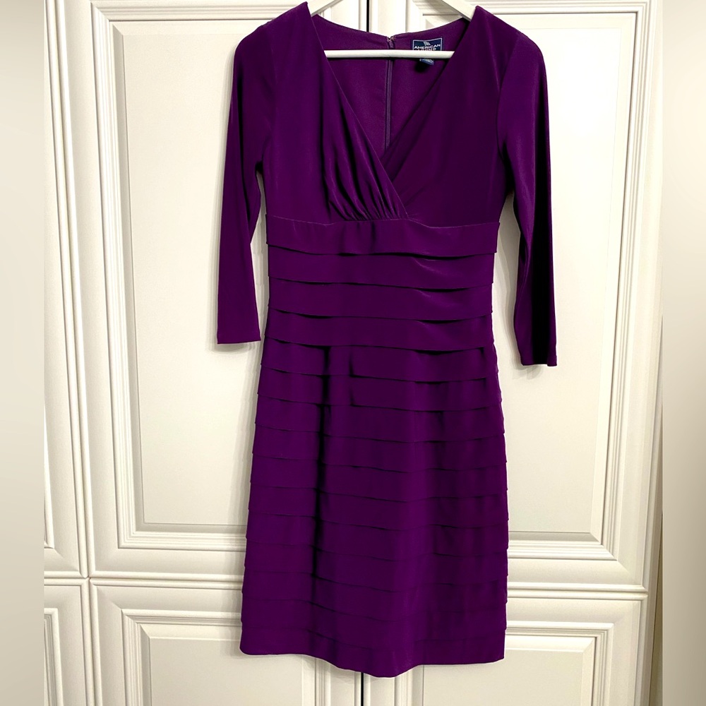 EUC American Living Dress Size 2 Purple V Neck Midi Length Tiered Bottom Dress